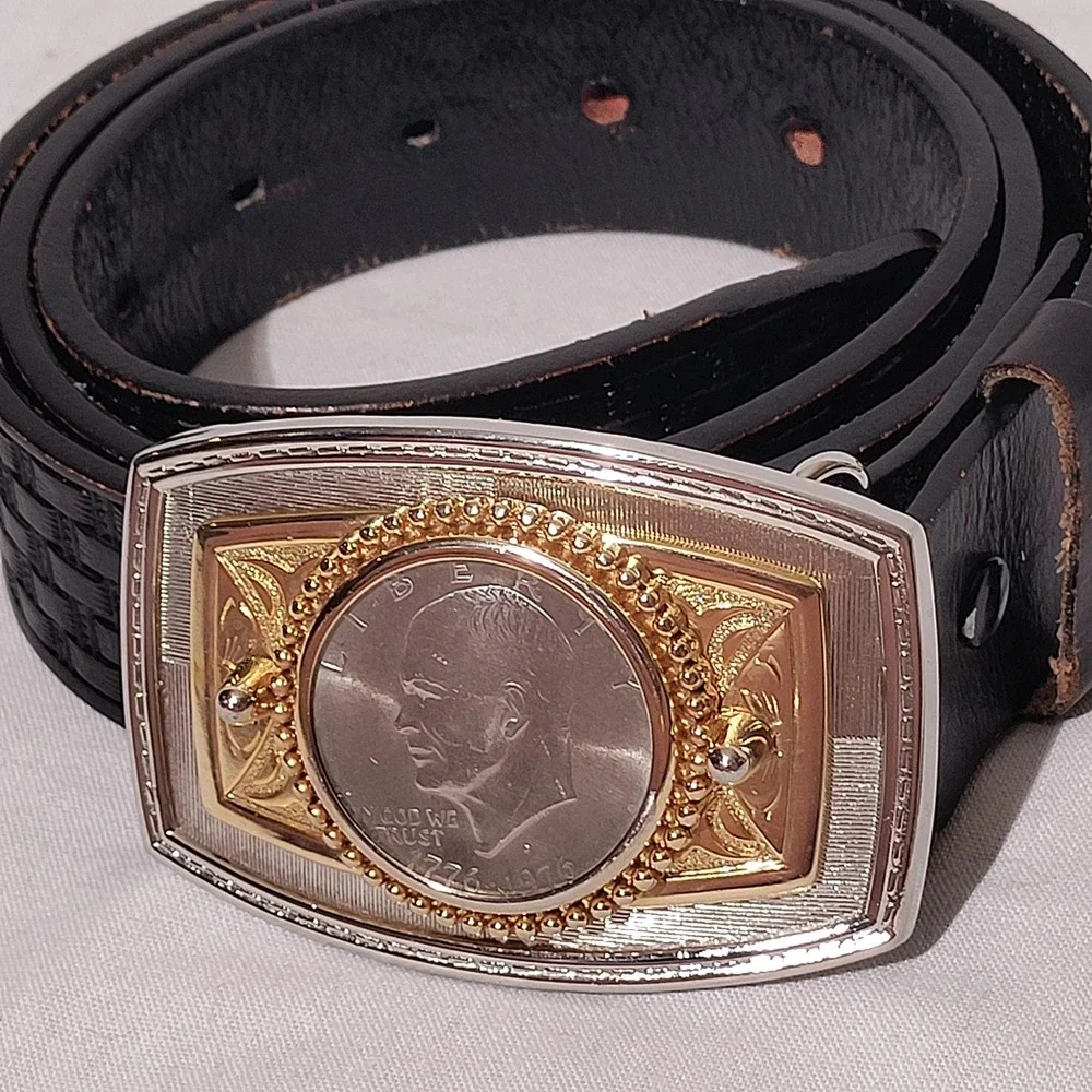 Vintage 1776-1976 Eisenhower Dollar Coin Belt Black Leather Weave Mens 38